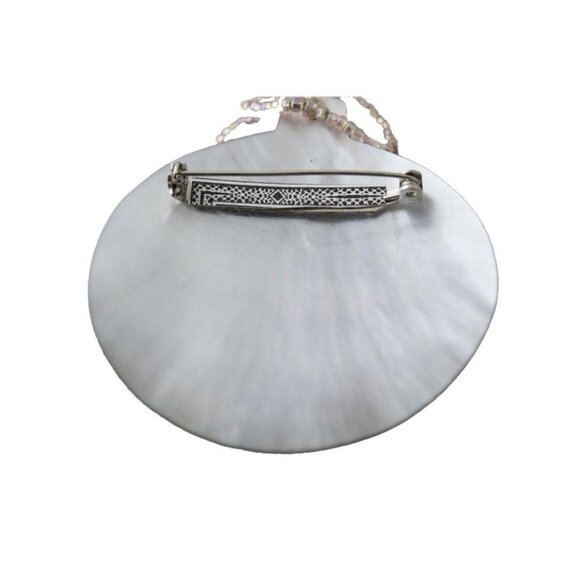 Vintage Mother Of Pearl Fan Brooch With Snake & Beaded Tassel Accent - Picture 6 of 6